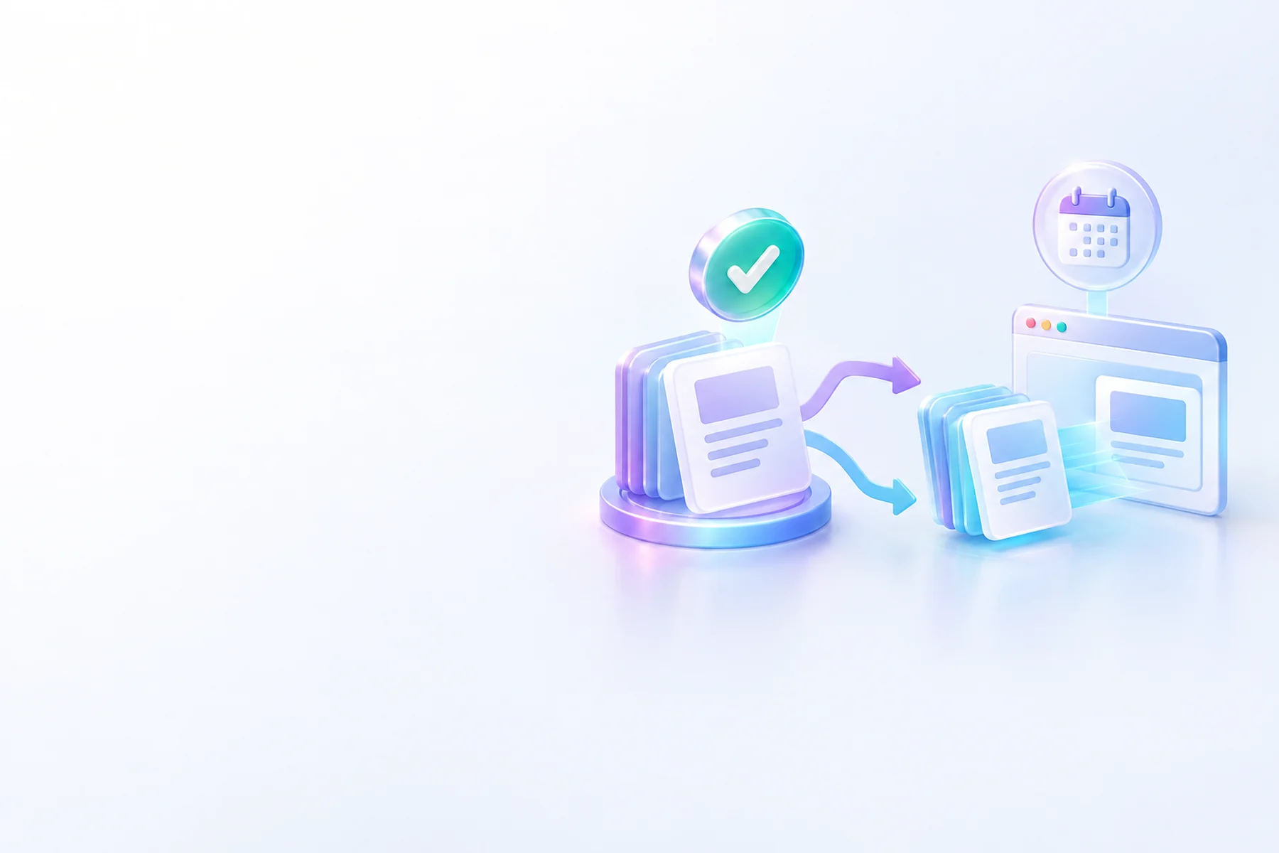 Illustration: A stack of glossy document cards splits into two paths, one card pausing under a floating checkmark-shaped stamp, the other sliding directly toward a small browser window, with a calendar disc marking the month above.