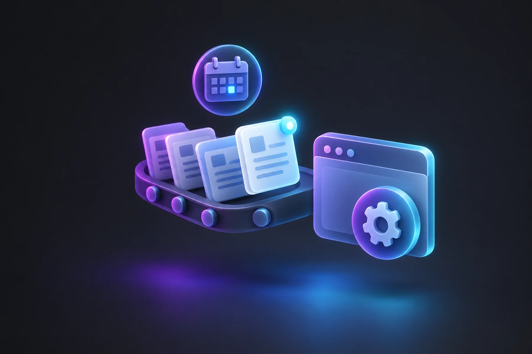 Illustration: A small browser window with a rounded gear badge sits beside a stack of glossy document cards flowing toward it on a conveyor-like arc, a calendar disc with one date lit floats above, and a small notification badge glows on the topmost card.