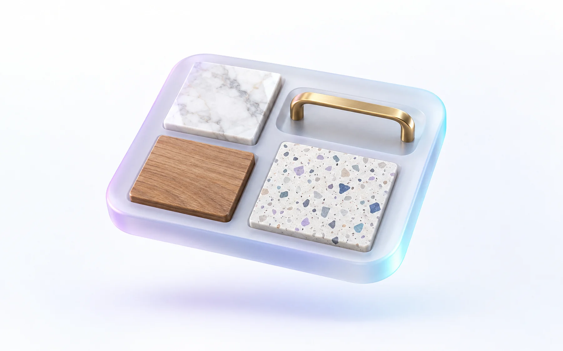 Illustration: a frosted sample tray holding a marble tile, a brass cabinet pull, a wood veneer chip and a terrazzo square.