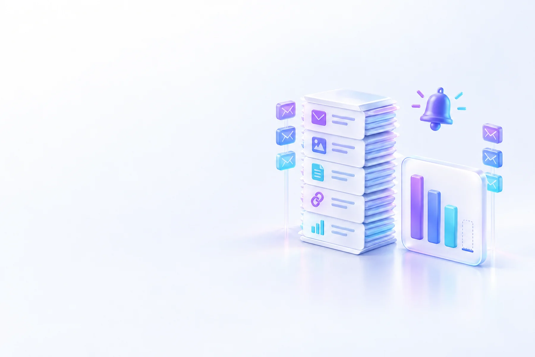 Illustration: A tall stack of glossy documents labeled with small envelope icons standing at full height beside a shrinking bar-chart card with one bar dropped to zero, a small bell notification hovering above.