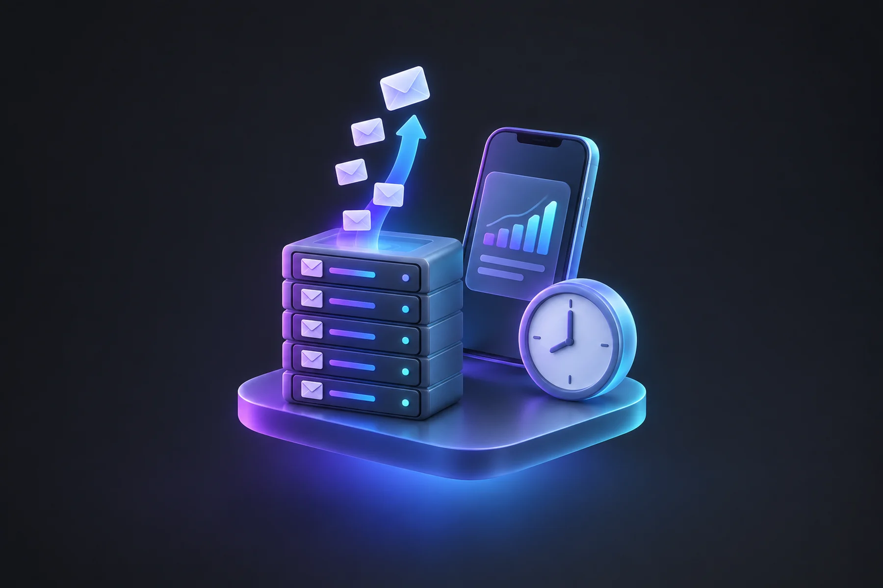 Illustration: A glossy server sheet stacked with rows of small envelope icons feeding upward, a floating phone displaying a chart card, and a small clock reading a fixed morning hour beside it.