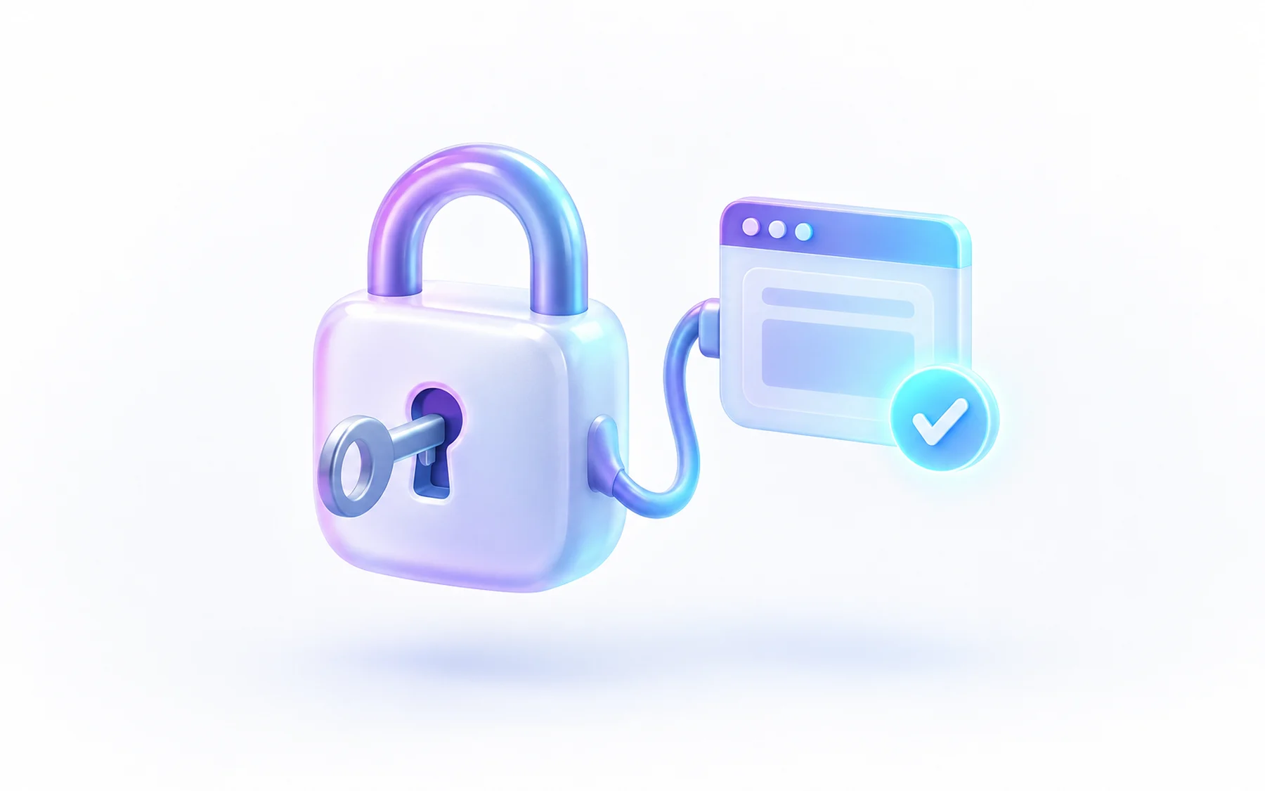 Illustration: A single glossy padlock with a small key inserted, a thin cable looping from it into a small browser window icon, and a tiny checkmark badge glowing at its side.