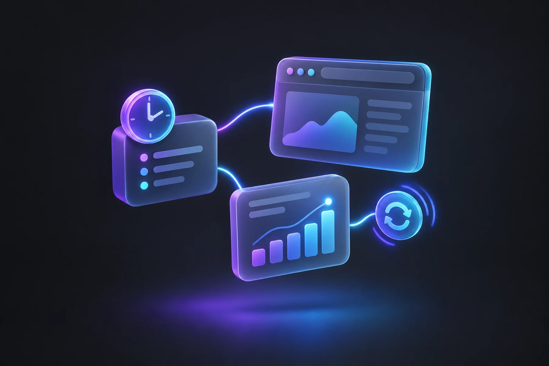 Illustration: A small floating dashboard card with a glowing clock face on its corner, connected by soft glowing lines to a browser window, a chart card mid-update, and a small radiating pulse icon showing a fresh sync.