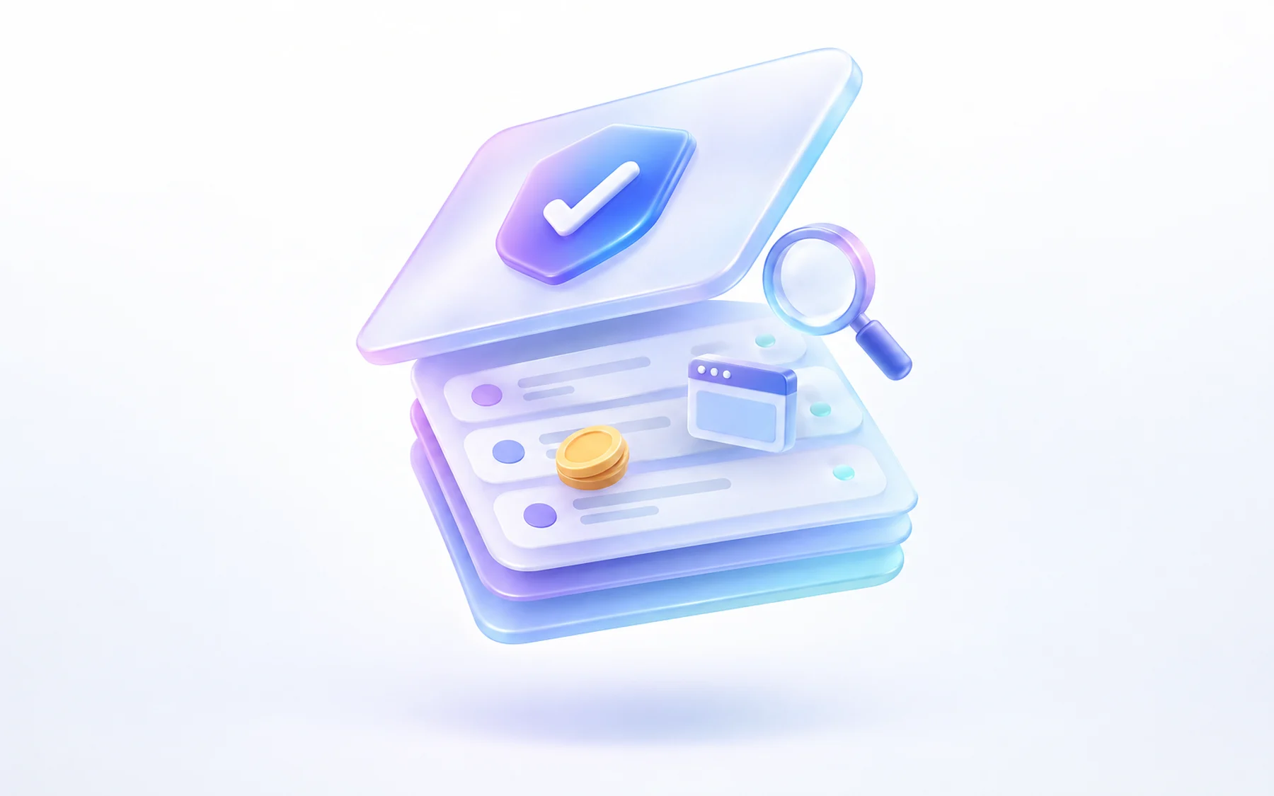 Illustration: A single chart card tilted open like a lid, revealing layered rows beneath it with a small magnifying glass hovering above, and a tiny coin and browser-window icon nested inside the rows.