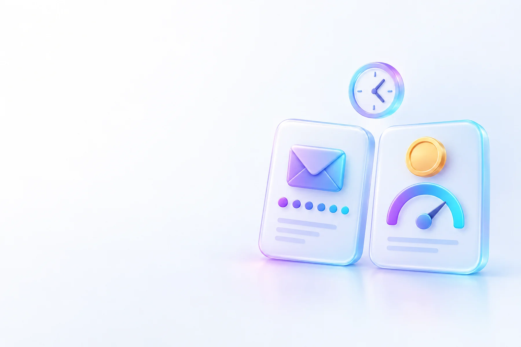 Illustration: Two glossy ledger cards stacked side by side, one showing an envelope icon and a queue of small dots, the other showing a coin and a dial gauge, with a small clock hovering above both.