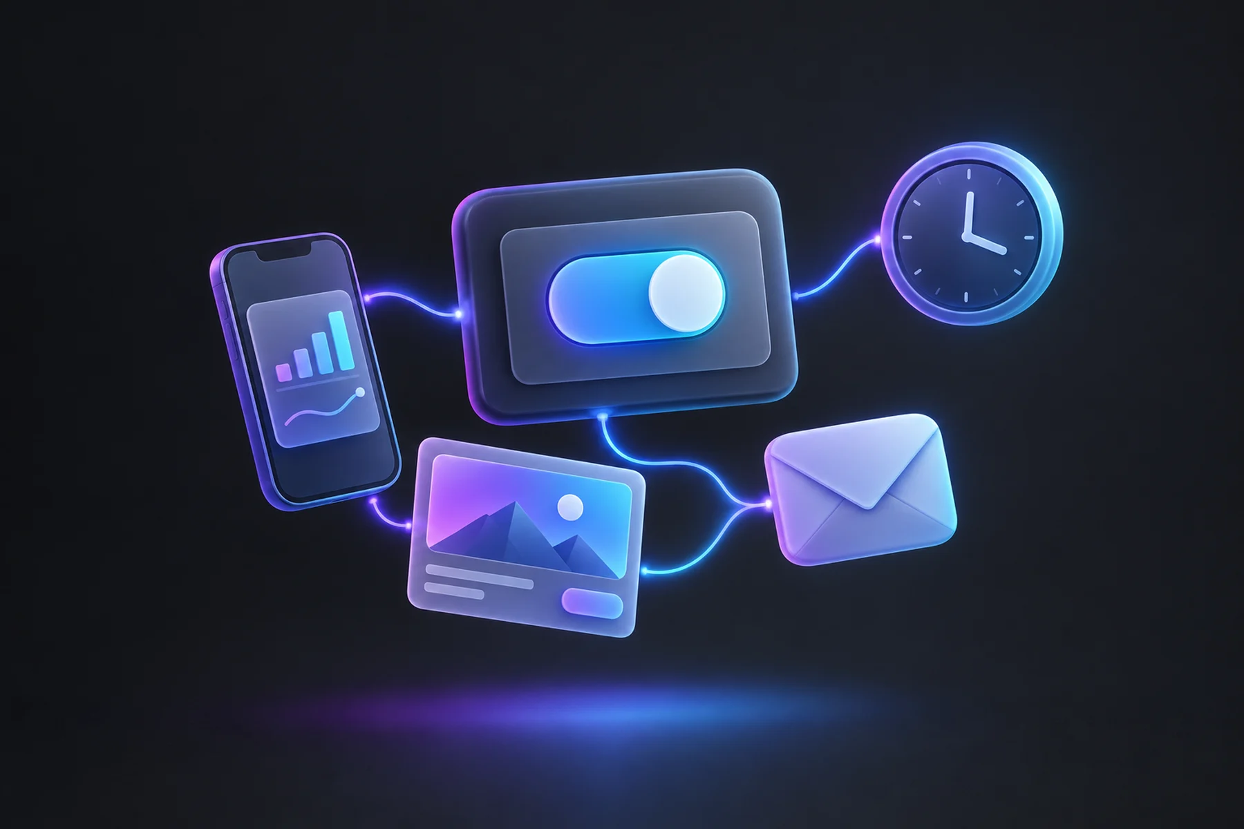 Illustration: A floating control panel with a glossy toggle switch set to on, a small phone showing a chart card, an ad creative card, and an envelope icon linked by a soft glowing thread to a clock reading early morning.