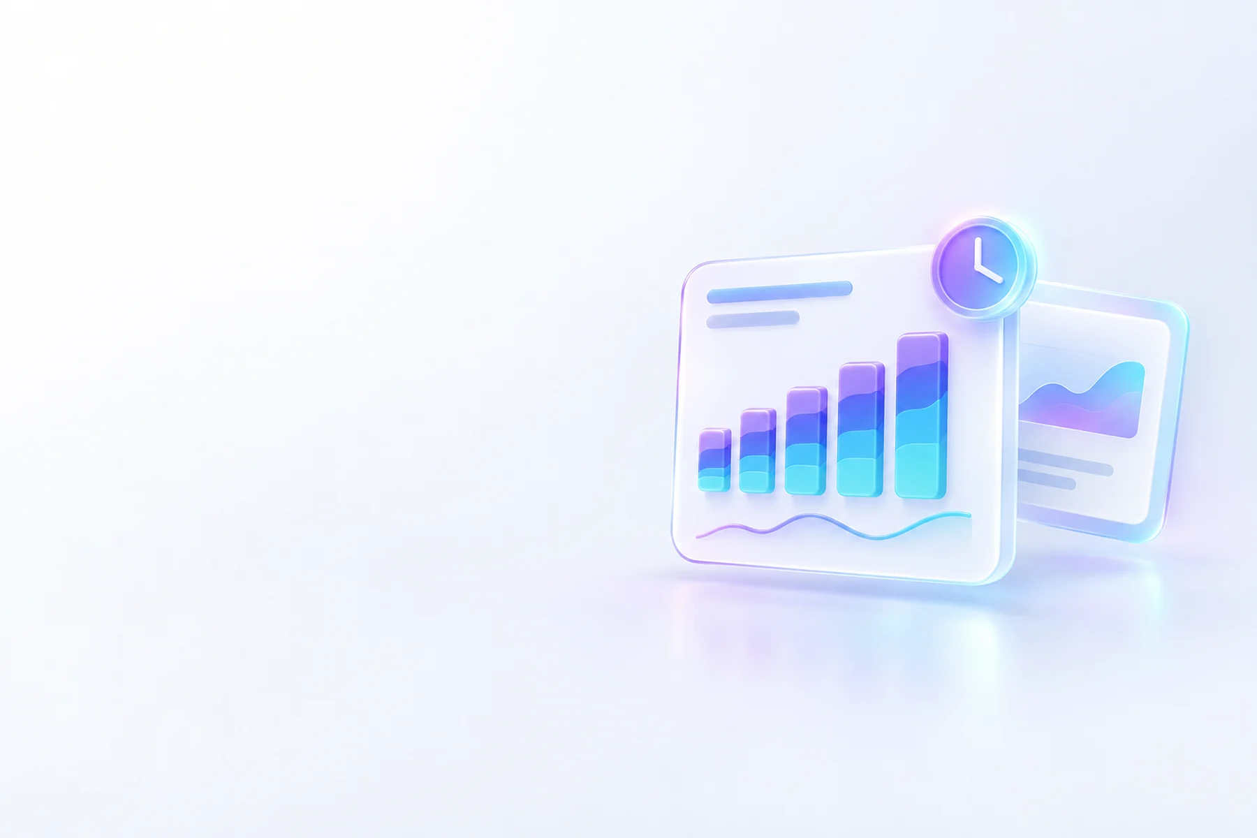 Illustration: A glossy dashboard card showing layered chart bars with a small round clock badge glowing at its corner and a faint second card sliding freshly in behind it.