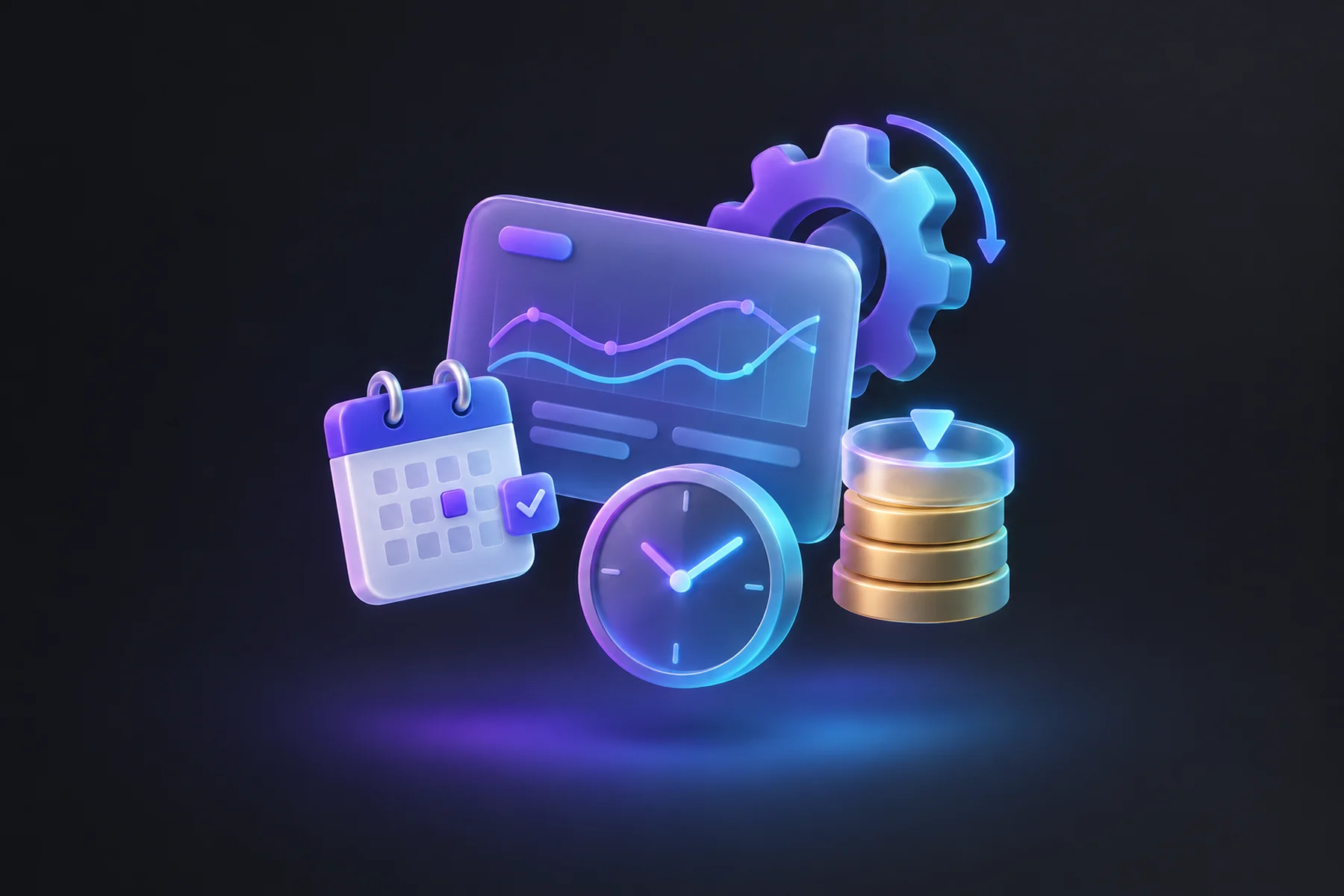Illustration: A floating dashboard card with soft chart lines and a gear turning behind it, a small calendar tile clicking into place, a clock with glowing hands, and a coin stack capped by a subtle limit marker.