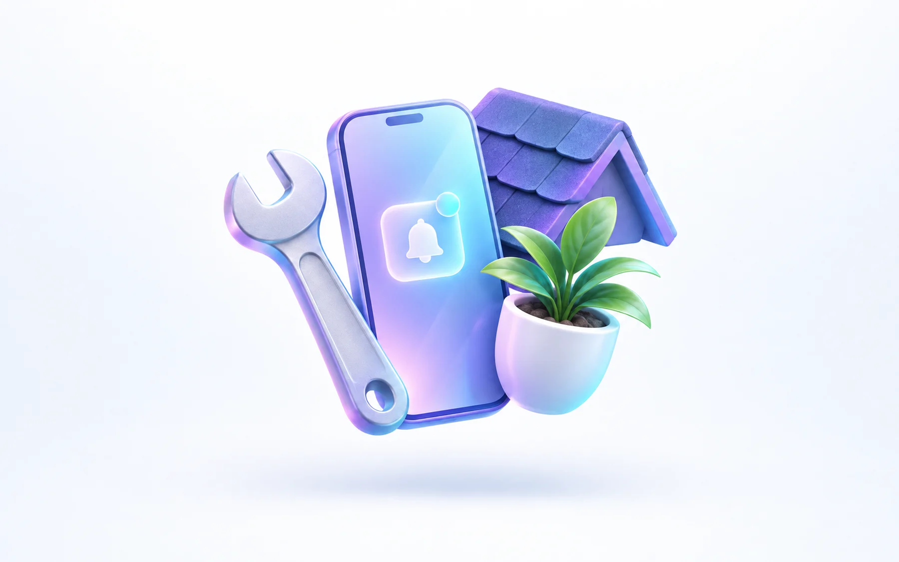 Illustration: A wrench, a shingle, and a small potted plant clustered around a glossy phone displaying a soft glowing notification badge.