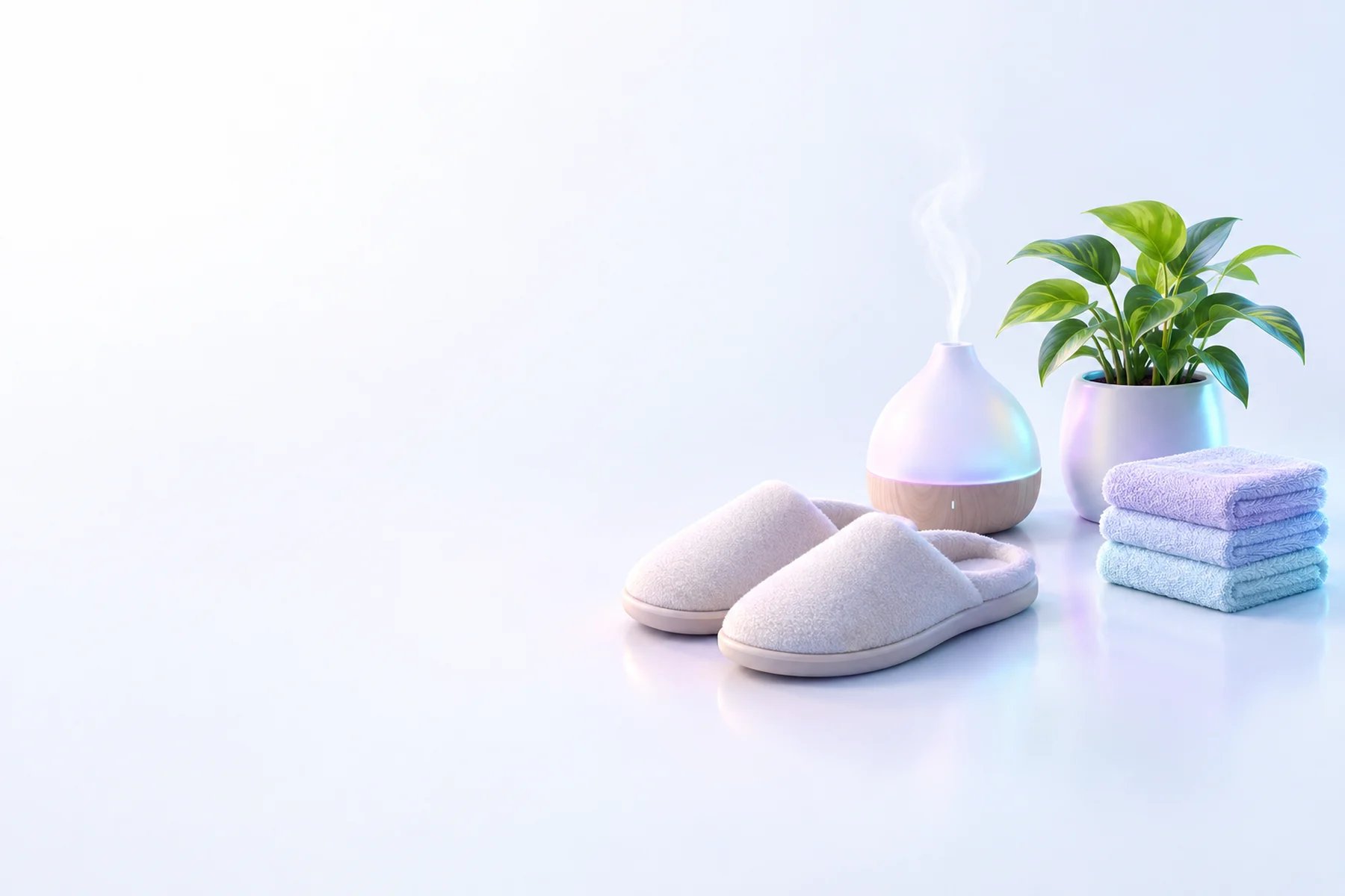 Illustration: a pair of soft slippers, a small aroma diffuser with a wisp of mist, a potted plant and a stack of folded washcloths.