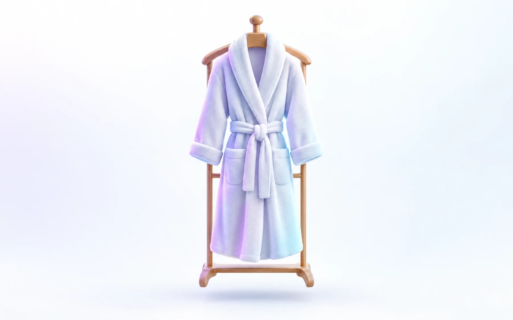 Illustration: a plush bathrobe hanging on a wooden valet stand.