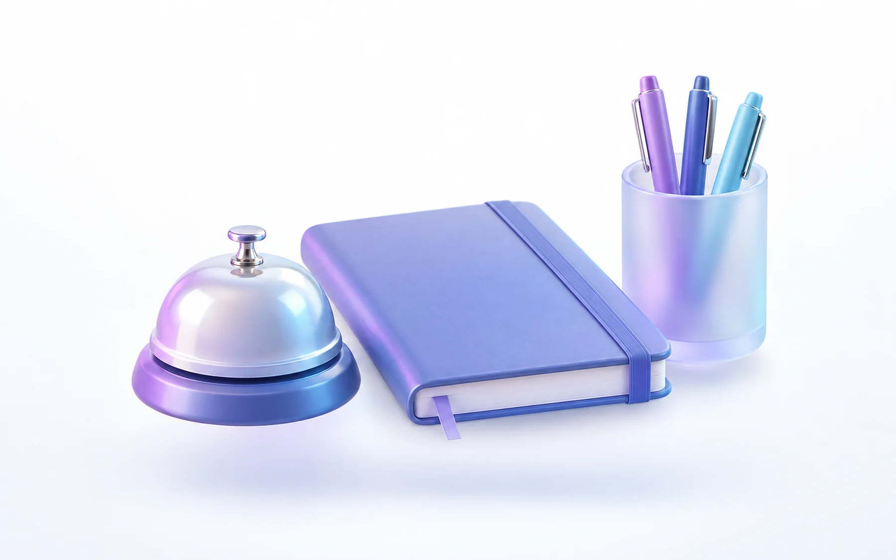 Illustration: a front desk bell beside a closed appointment book and a frosted cup of pens.