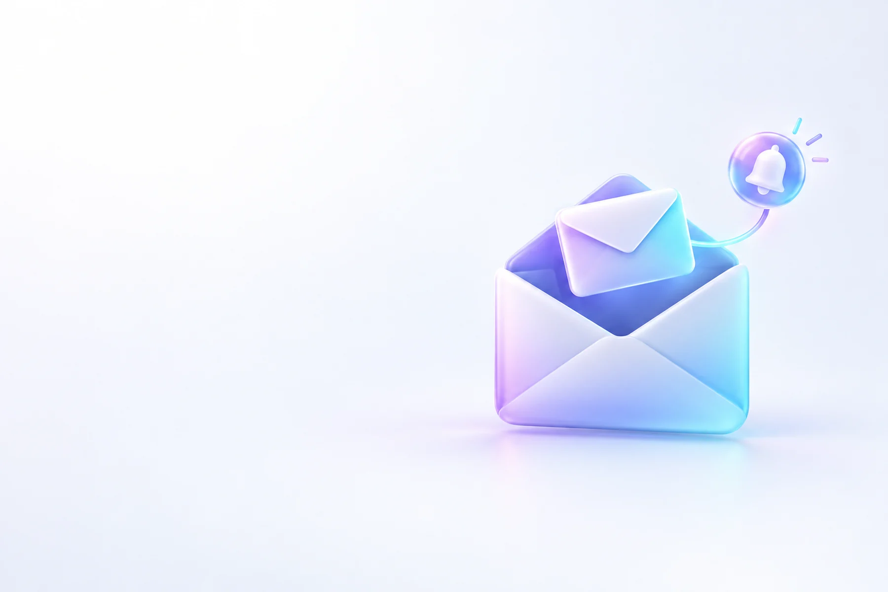 Illustration: A single glossy envelope split open with a smaller reply envelope emerging from it, tethered by a glowing thread line to a notification badge hovering nearby.