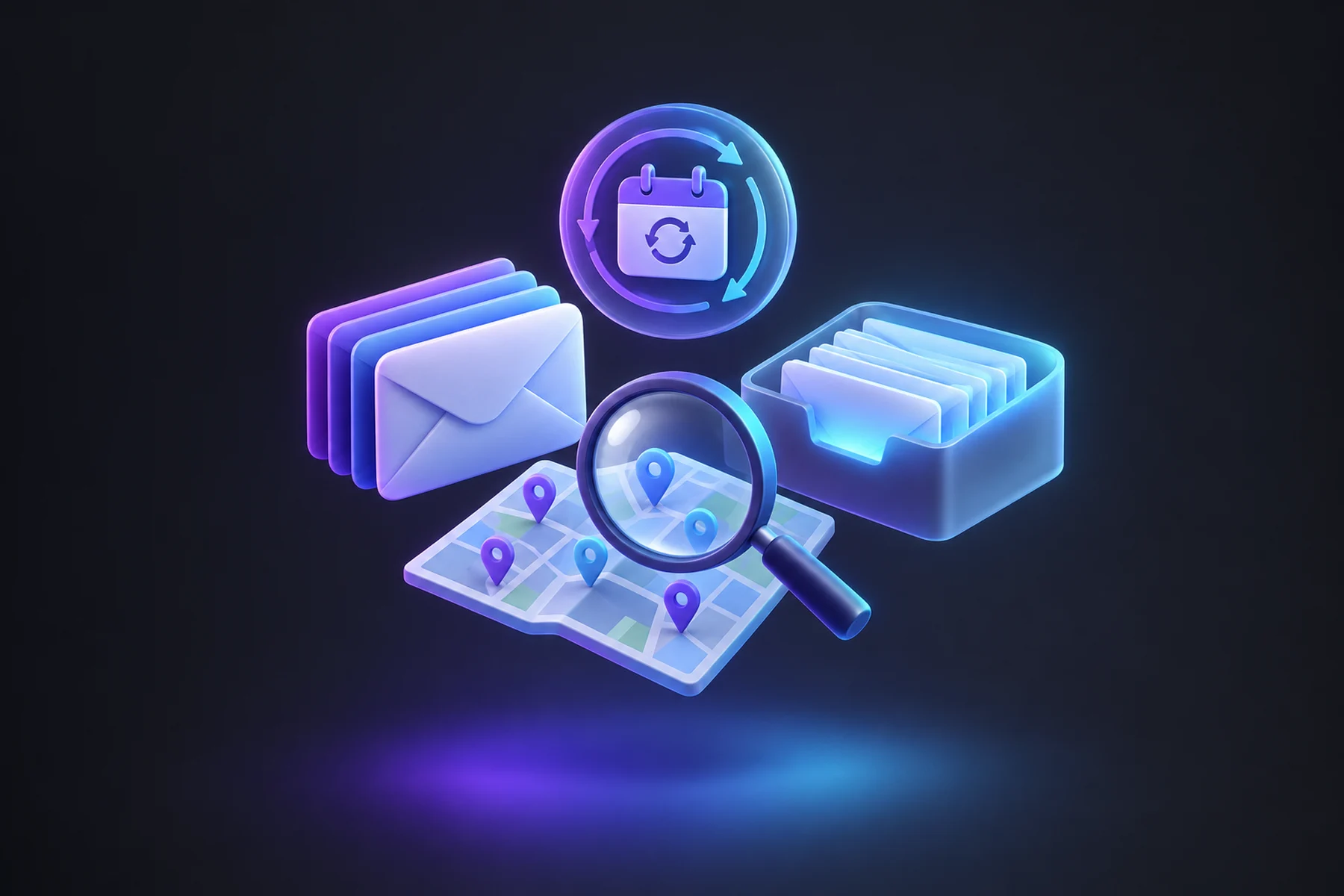 Illustration: A floating envelope stack beside a magnifying glass over a small map dotted with pins, a mail queue tray glowing softly, and a calendar disc marking a weekly cycle above them.