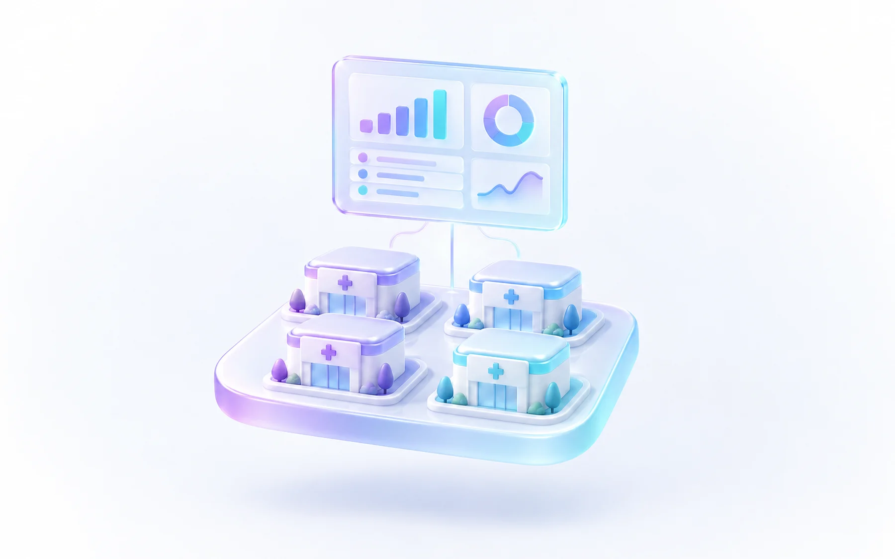 Illustration: four small clinic buildings on one tray under a floating dashboard tile.