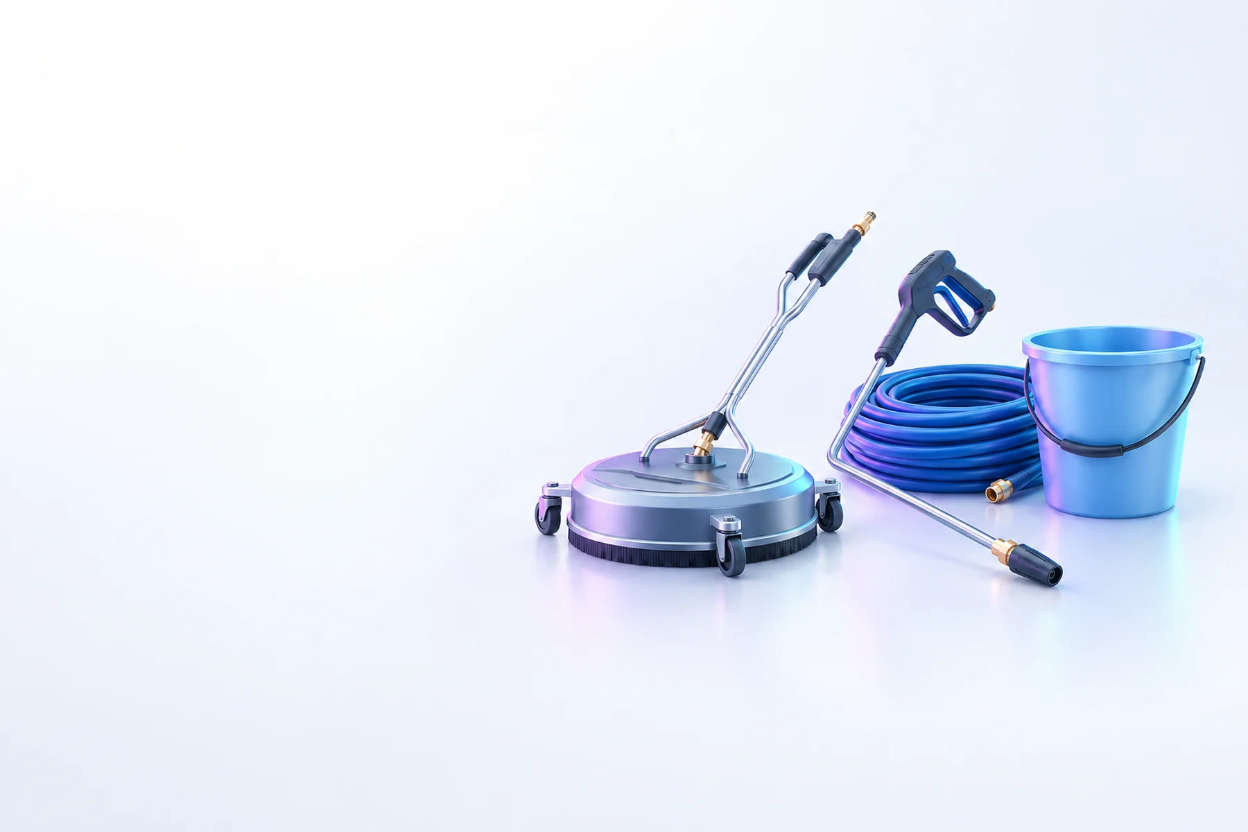Illustration: a rotary surface cleaner, a spray wand, a coiled blue hose and a bucket.