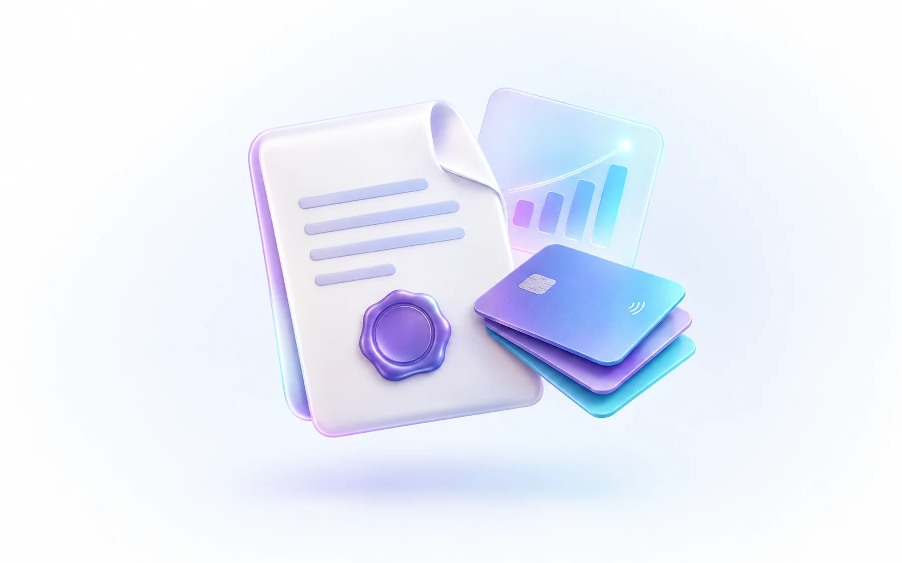 Illustration: A glossy folded document card with a wax-seal-like circular emblem (no text) resting beside a small stack of payment cards, with a soft glowing chart card peeking out from behind it.