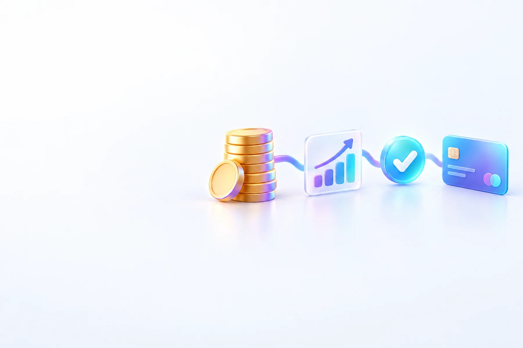 Illustration: A glowing coin stack, a small chart card with an upward arrow, a rounded checkmark badge, and a payment card, arranged in a connected row to show spend turning into a won, paid job.