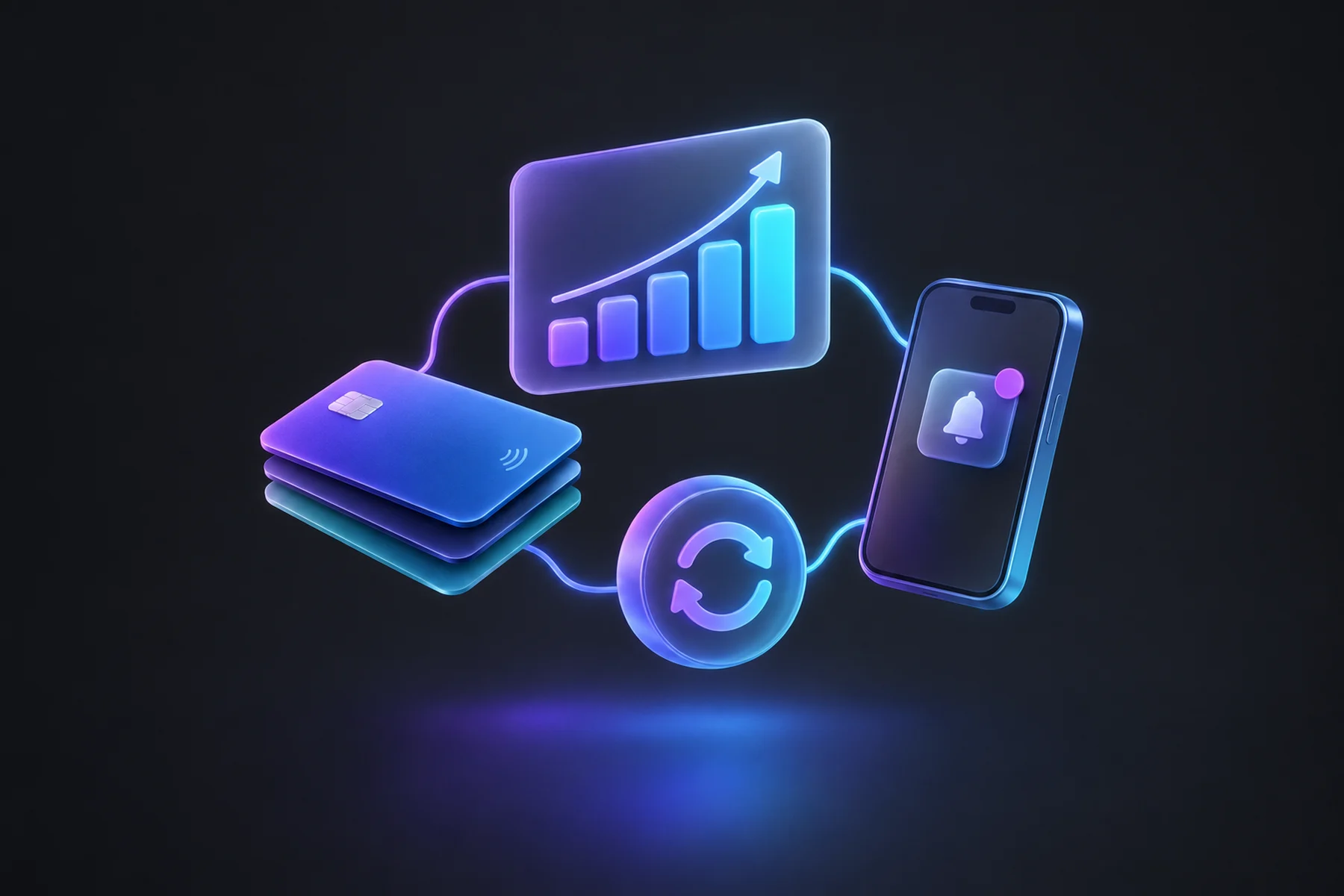 Illustration: A floating chart card showing a rising revenue bar graph, a stack of glossy payment cards, a small recurring-subscription coin loop icon, and a phone displaying a notification badge, all linked by thin glowing lines.