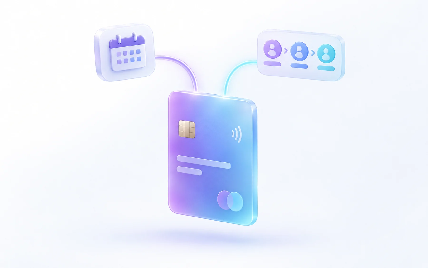 Illustration: A single glossy payment card standing upright with two thin glowing lines feeding into it from a small calendar-booking icon and a rounded CRM pipeline card, showing revenue arriving from either source.