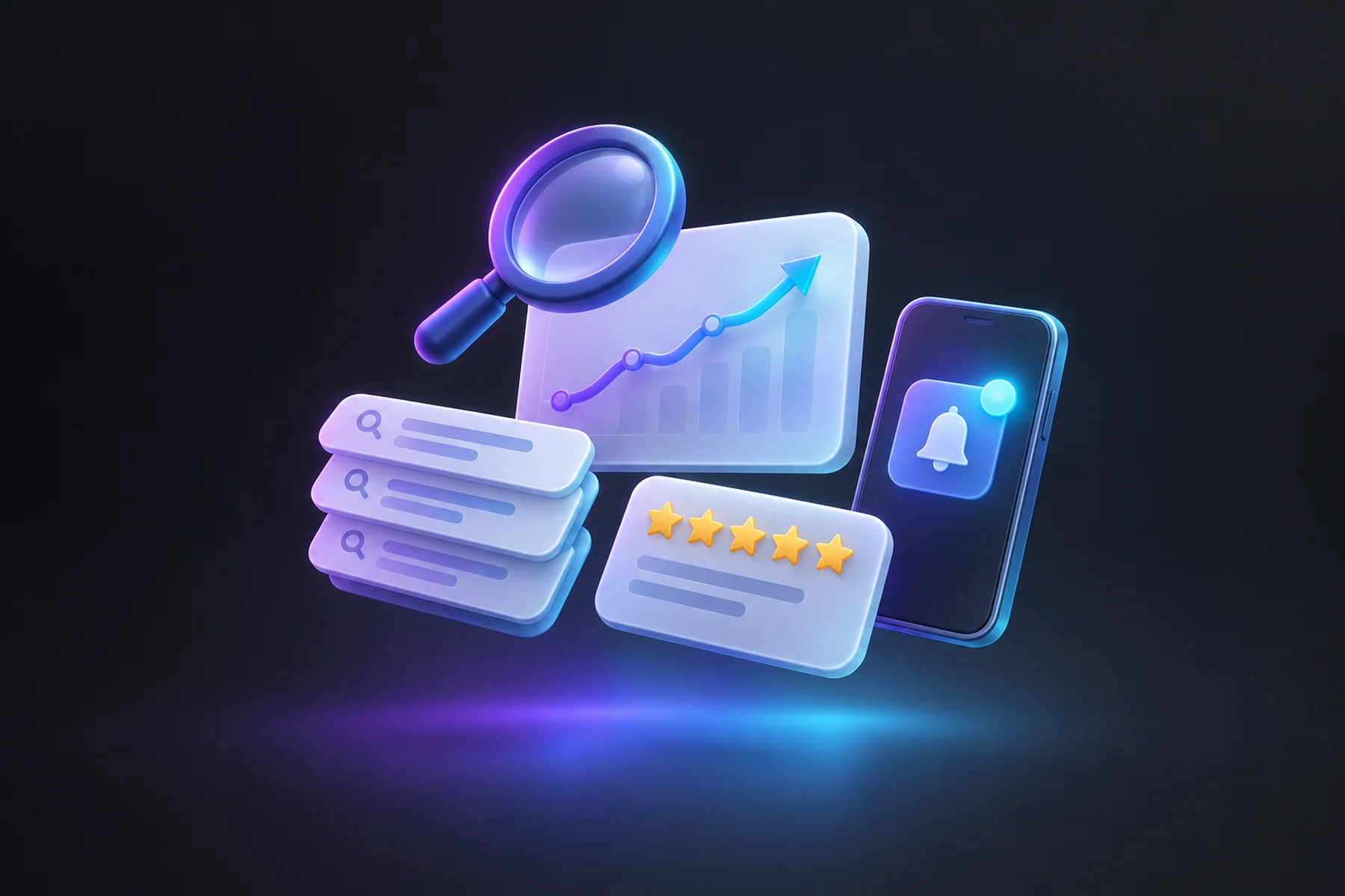 Illustration: A floating magnifying glass over a chart card showing an upward position line, a small stack of search query cards, a star-rated review card, and a phone with a glowing notification badge.
