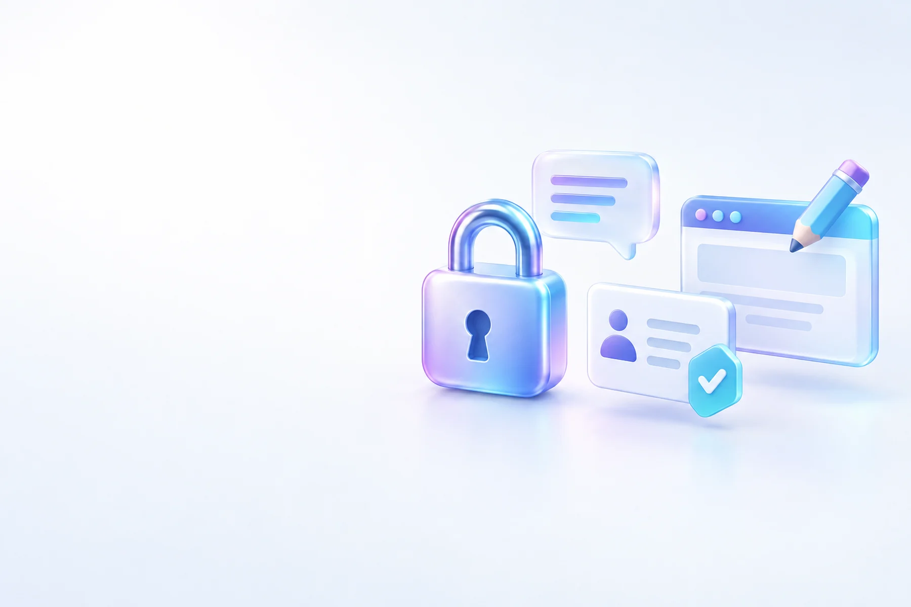 Illustration: A glossy padlock, a small speech-bubble chat panel, a check-mark tag on a lead card, and a browser window with a pencil icon floating above it, arranged as four distinct objects.