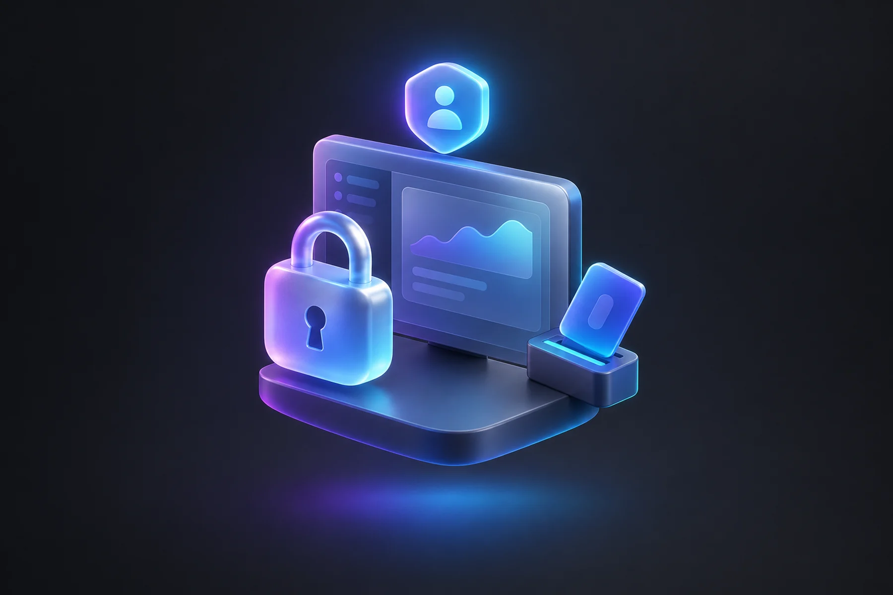 Illustration: A floating dashboard screen with a glossy padlock hovering in front of it, a small keycard-shaped seat token clicking into a slot beside it, and a soft glowing access badge above the screen.
