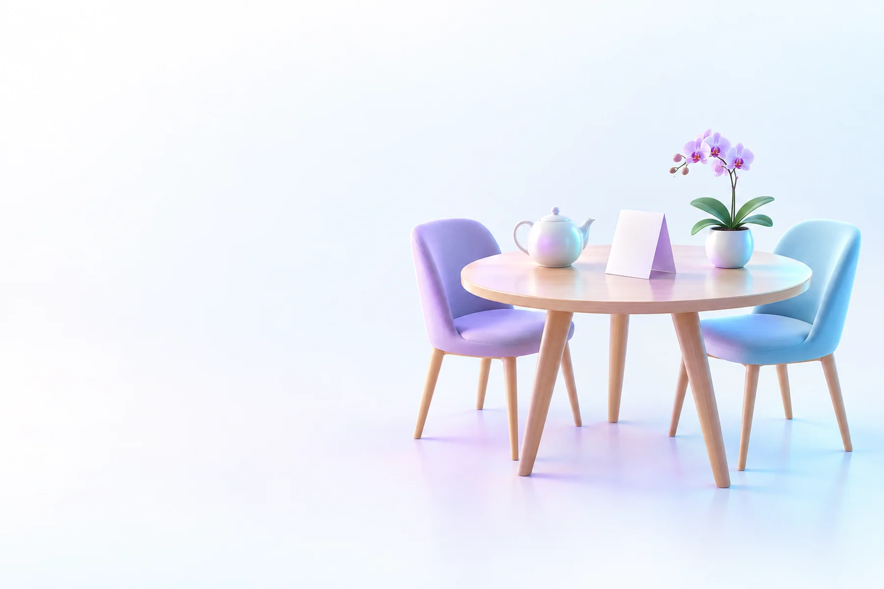 Illustration: a round kitchen table with two chairs, a teapot, a blank folded card and a potted orchid.