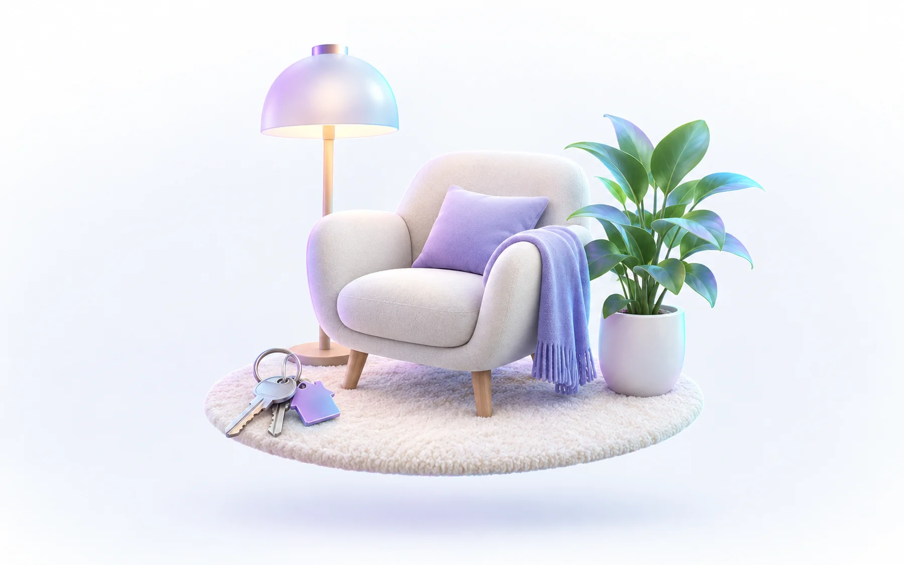 Illustration: a reading chair with a cushion and a throw, a floor lamp, a potted plant and a set of keys on a round rug.
