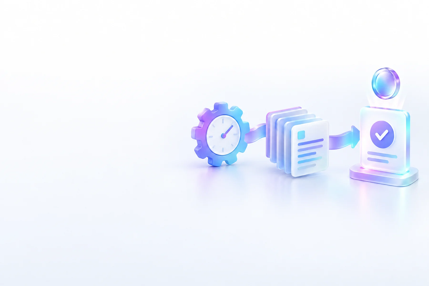 Illustration: A gear-driven clock and a stack of document cards flow toward a raised approval card with a glossy coin hovering above it, marking the one step a person signs off on.