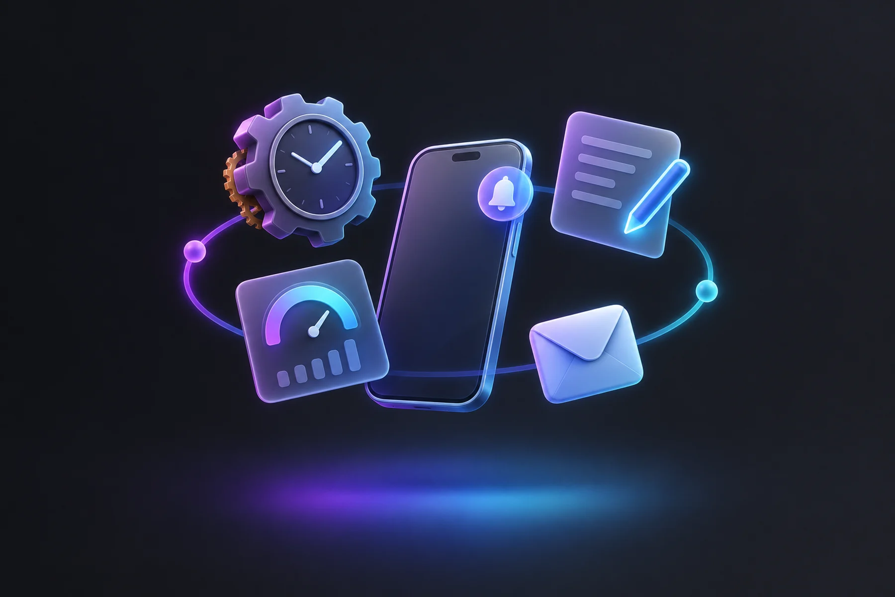 Illustration: A small floating diorama of a gear-driven clock, a document card with a glowing pen icon, a chart card with a scoring dial, and a small envelope, all orbiting a phone with a soft notification badge.
