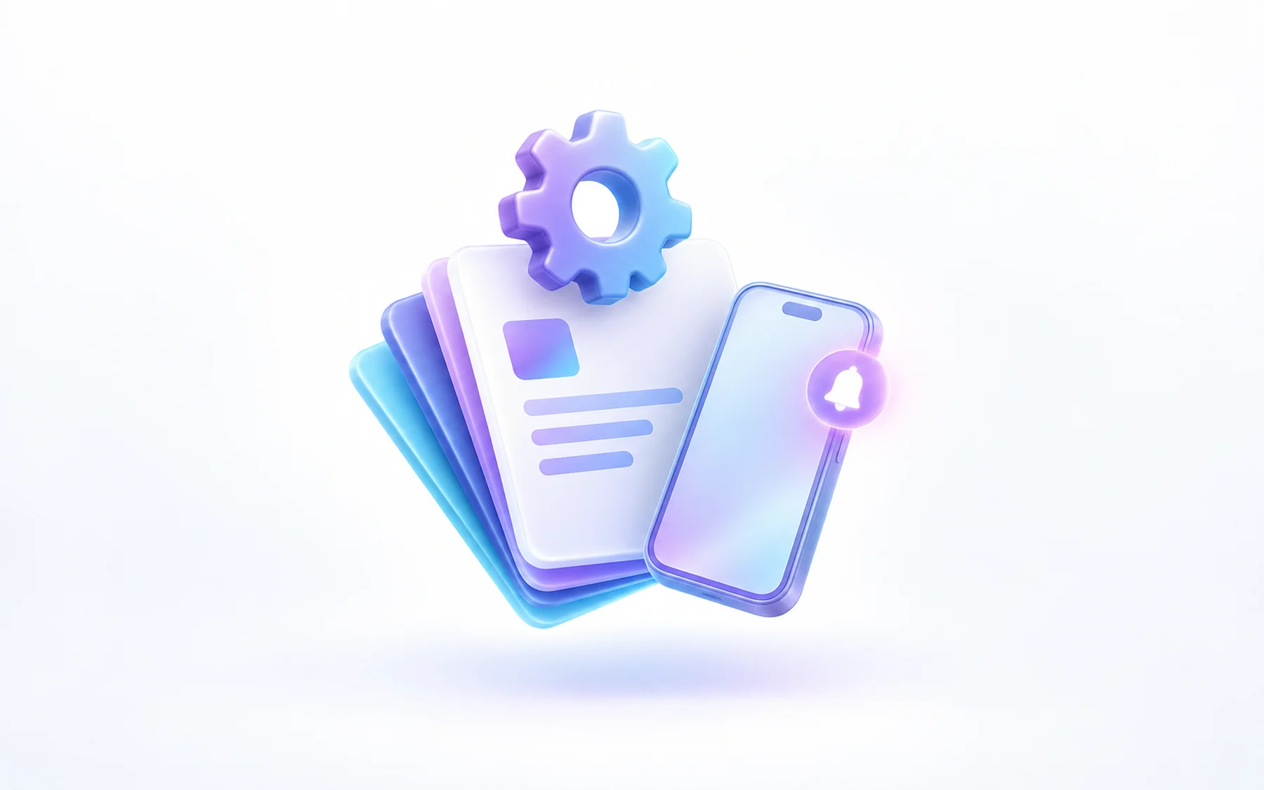Illustration: A stack of glossy document cards fanned beneath a small gear, with a phone leaning against the stack showing a soft glowing notification badge.