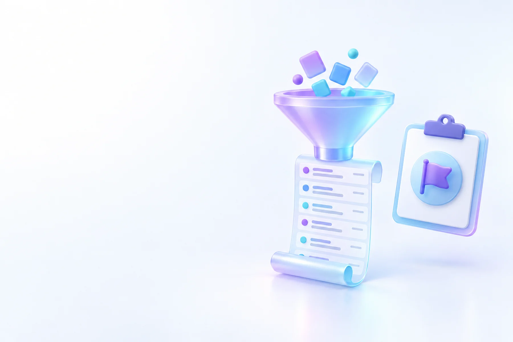 Illustration: A glossy funnel-shaped gate feeding into a scrolling log card stacked with timestamped entries, beside a floating clipboard card with a raised approval flag awaiting a person.