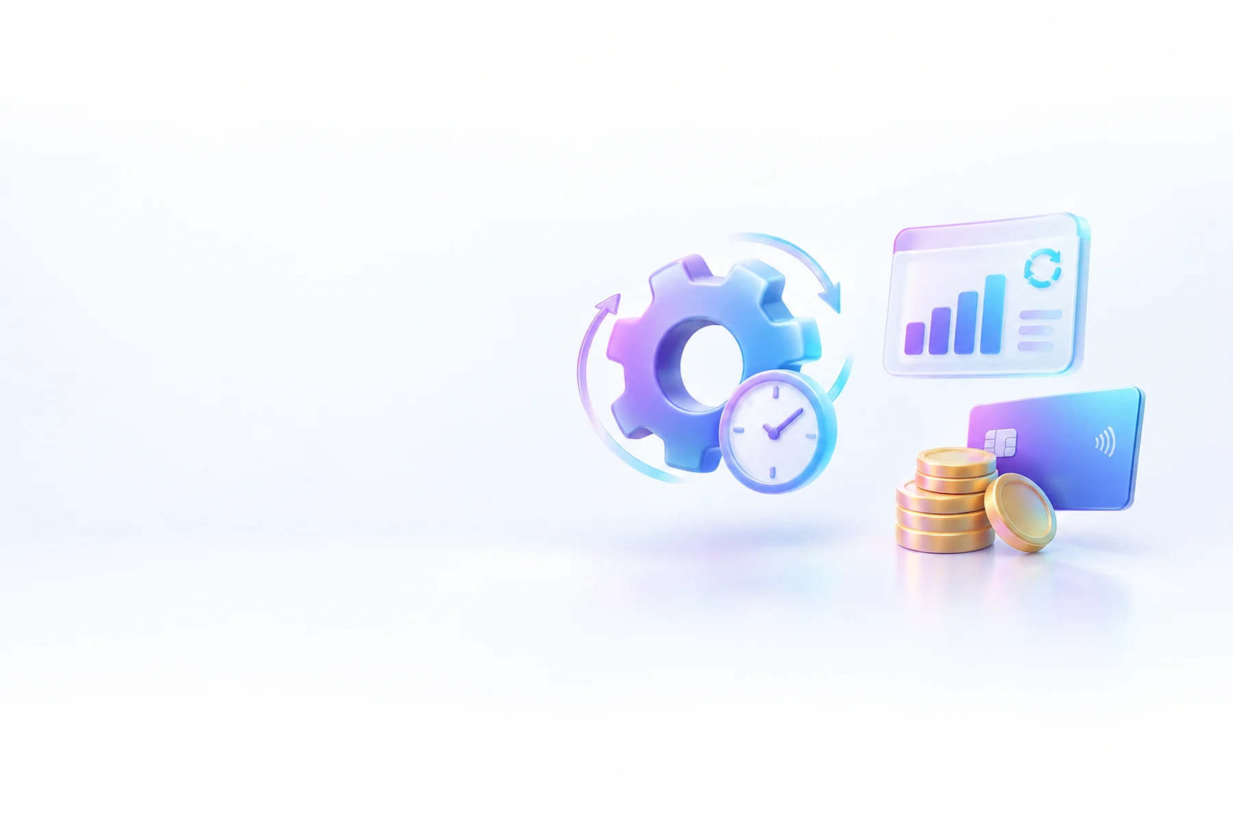 Illustration: A rotating gear connected to a small clock, a chart card updating on its own, and a stack of coins beside a payment card, all floating without any hands touching them.