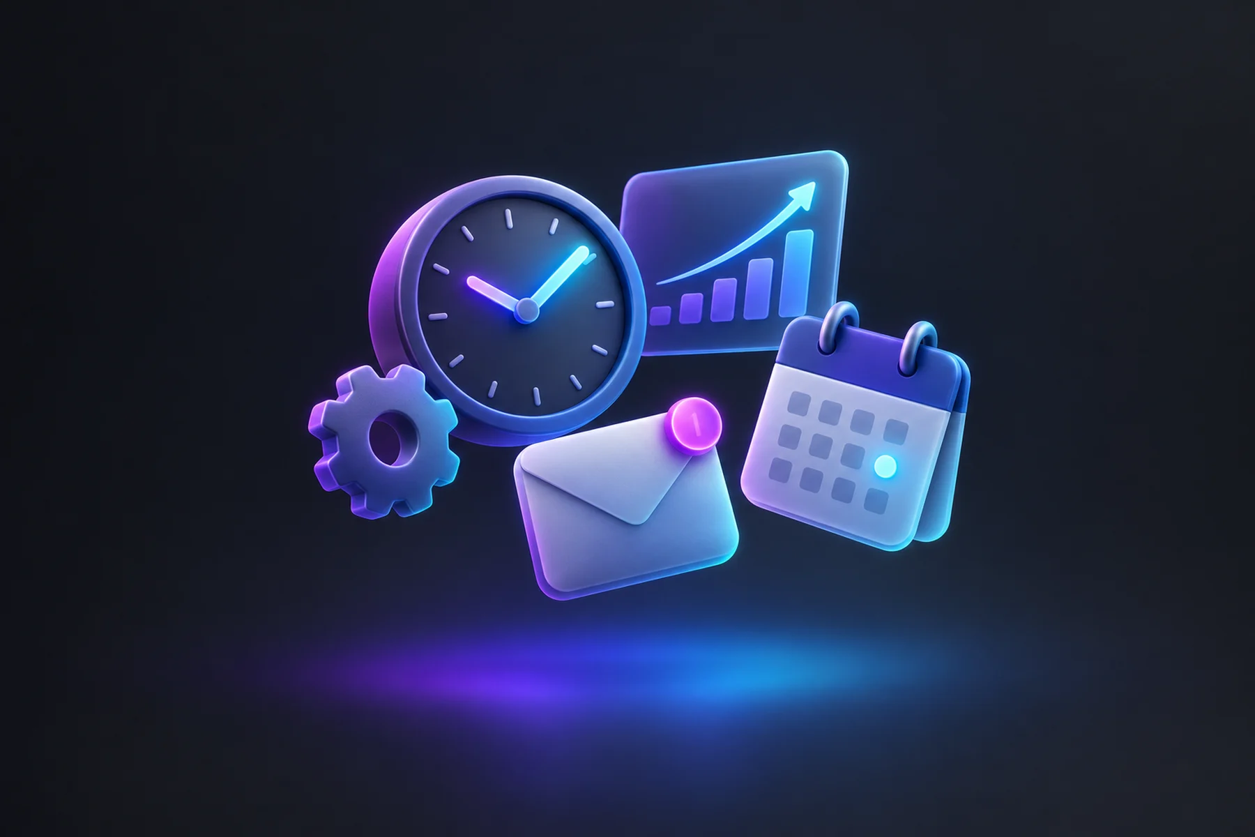 Illustration: A floating clock face with glowing hands beside a small gear, a chart card ticking upward, an envelope with a notification badge, and a calendar page marked with a glowing dot.