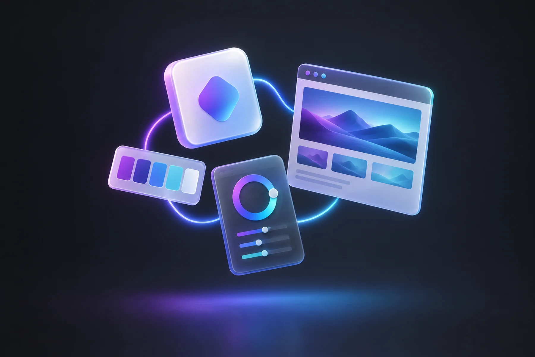 Illustration: A floating diorama of a glossy logo mark tile, a small palette card of color swatches, an open settings panel with a tone dial, and a browser window whose featured image updates to match, linked by a soft glowing thread.