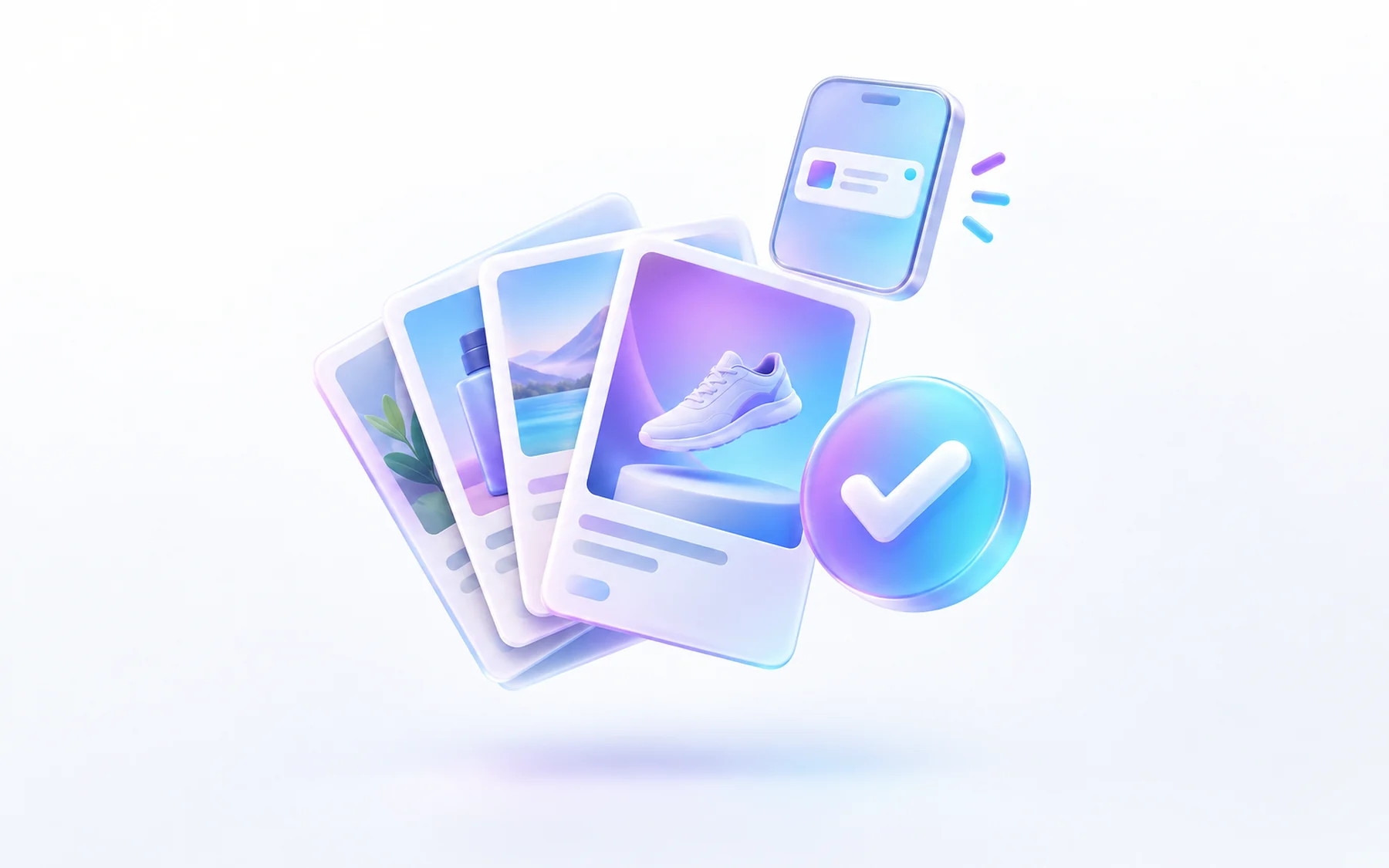 Illustration: A glossy stack of ad creative cards fanned beside a floating approval checkmark badge, with a small phone showing a notification above it.