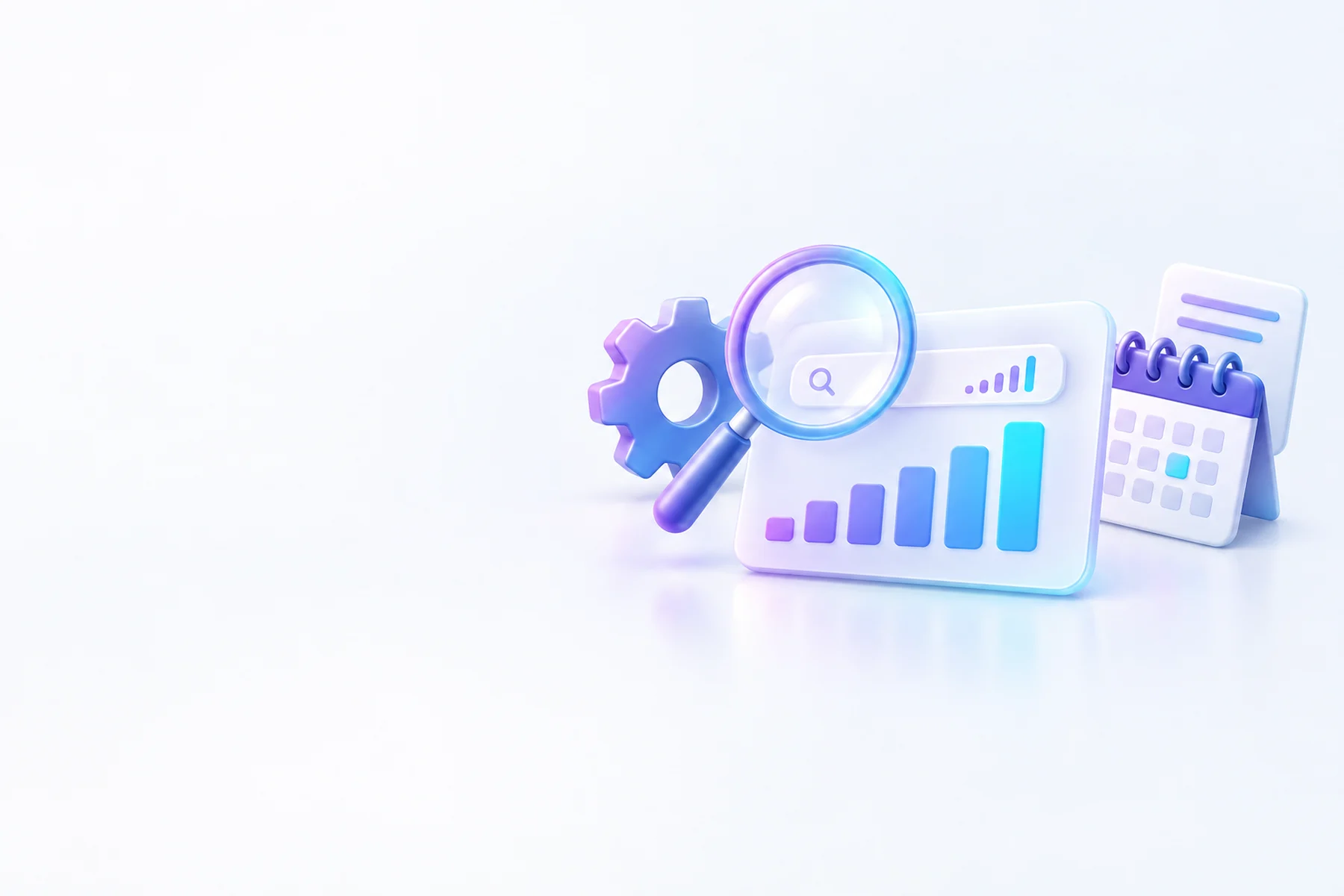 Illustration: A magnifying glass hovering over a bar-chart card showing a search-volume bar, beside a gear, a calendar page, and a small document icon queued behind it.
