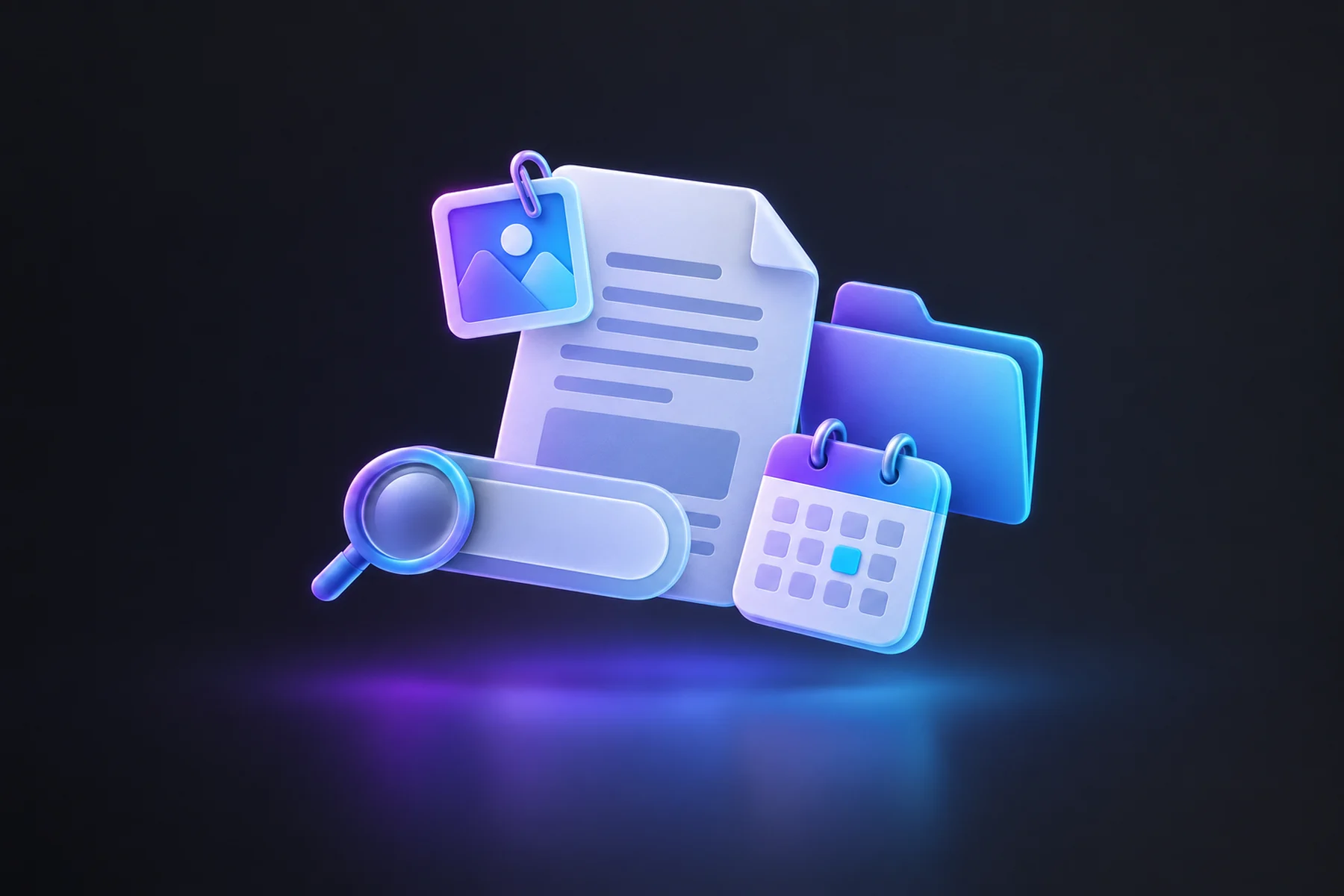 Illustration: A floating open document page with a small featured-image thumbnail clipped to its corner, beside a folder icon, a magnifying glass over a search bar, and a small calendar with a highlighted date.