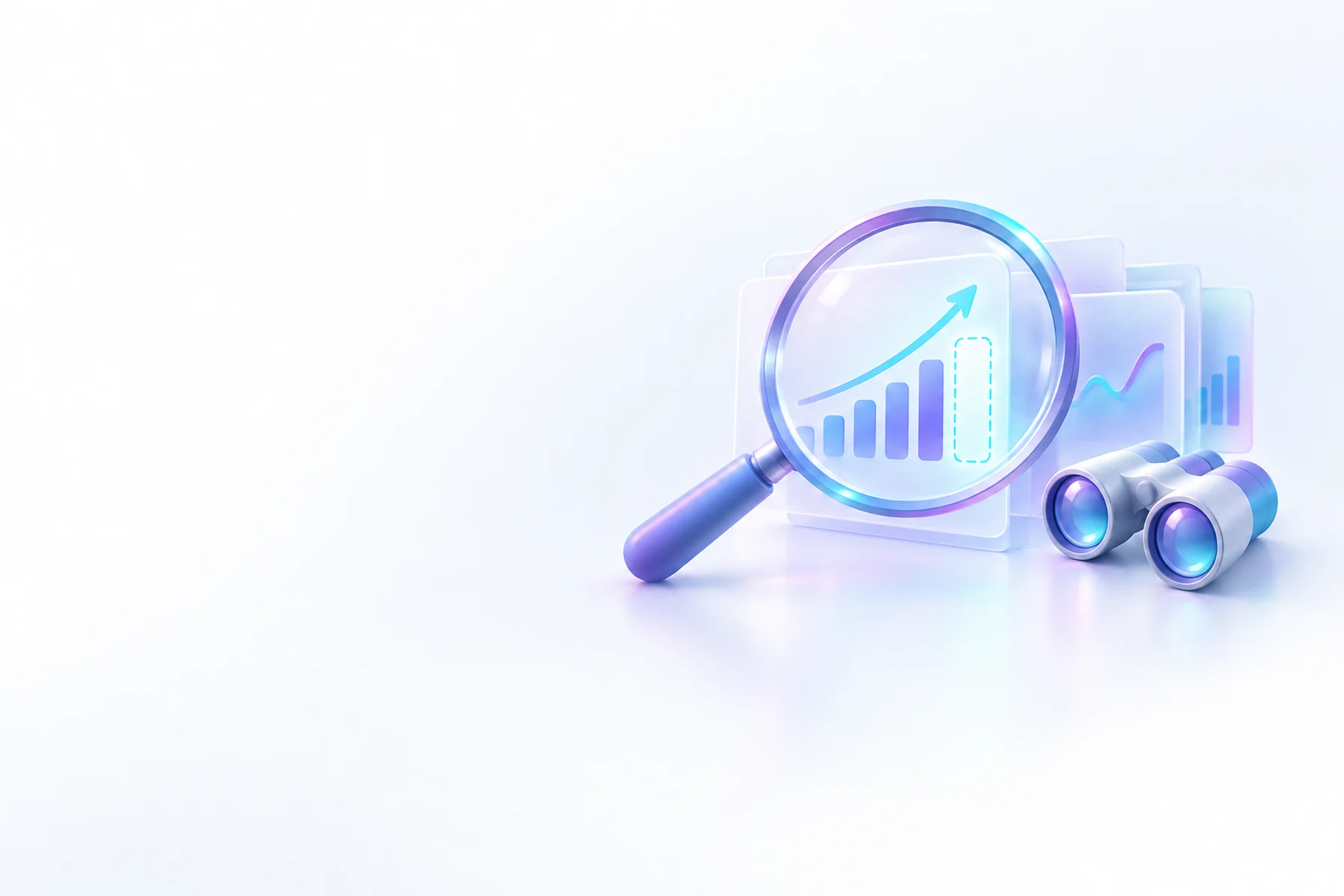 Illustration: A large magnifying glass tilted over a stack of translucent chart cards, one glowing card with an upward arrow and a highlighted empty gap segment, and a small binoculars beside it.