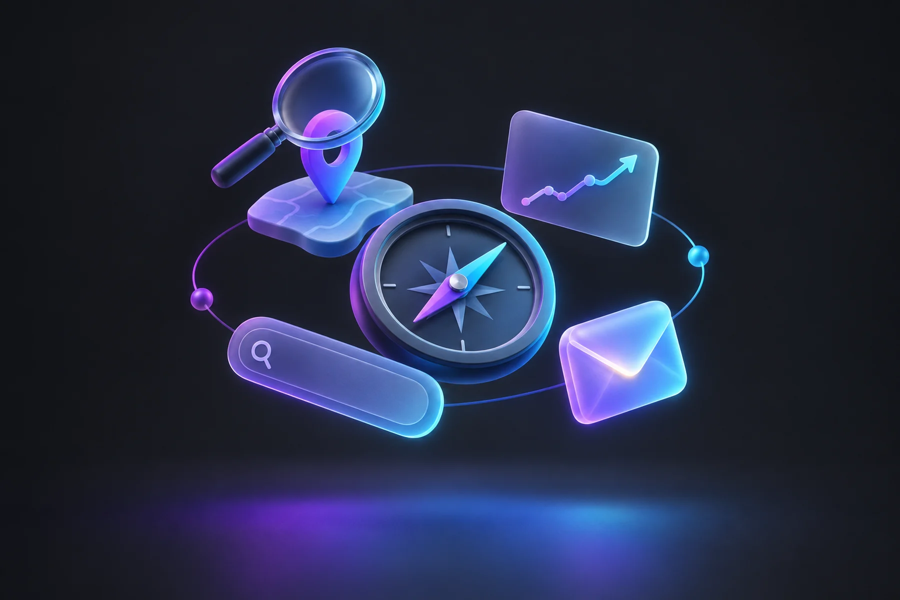 Illustration: A magnifying glass hovering over a floating map pin, a small chart card showing an upward-trending line, a search bar-shaped panel, and a glowing envelope, all orbiting a central compass dial.