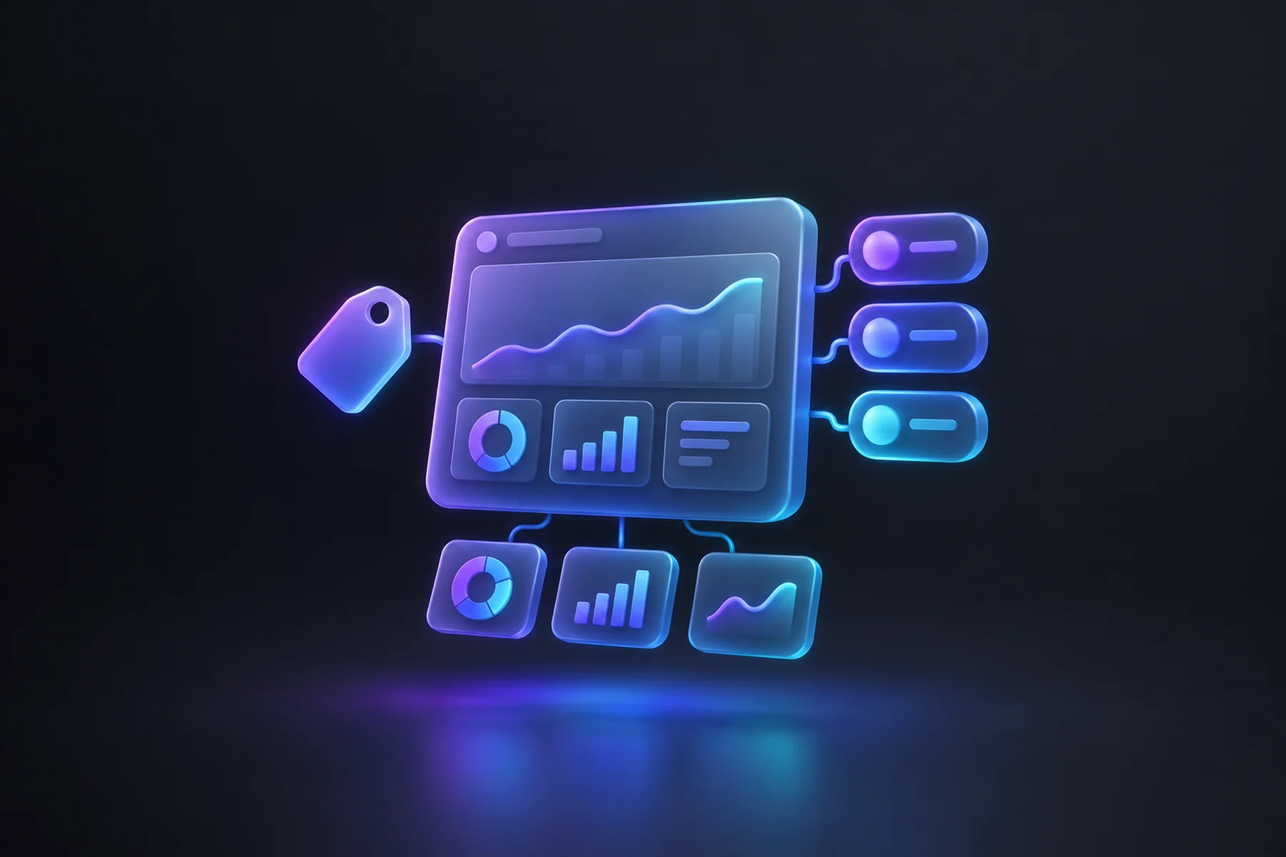 Illustration: A single floating dashboard card at the center with three small glowing avatar-less seat badges docked to its side, one soft ticket-tag icon, and matching mini chart tiles all displaying the same synced number.