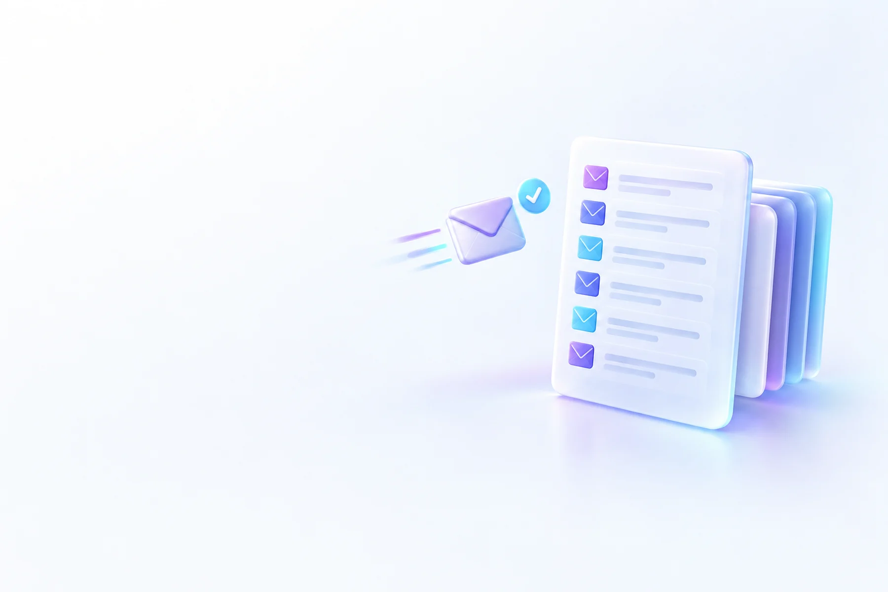 Illustration: A single glossy lead sheet card with rows of small envelope icons stacking onto it, one envelope mid-flight toward the sheet paired with a small checkmark badge.