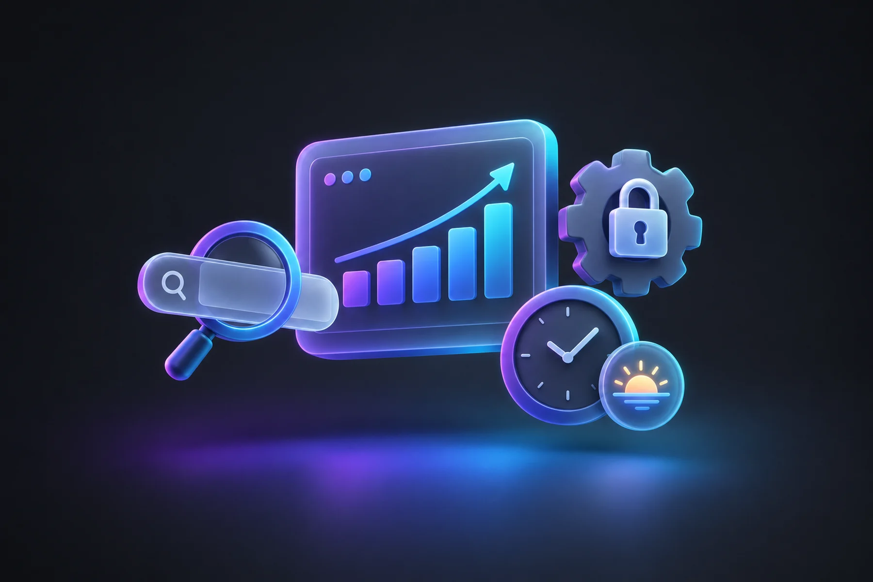 Illustration: A floating dashboard card showing a rising spend-to-conversion chart, a magnifying glass over a search bar icon, a small padlocked gear representing controlled bid limits, and a clock with a sunrise glyph beside it.