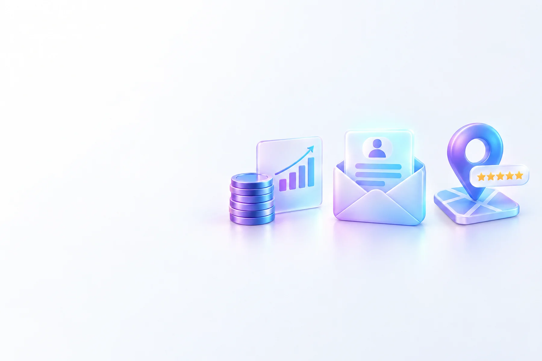 Illustration: A coin stack beside a chart card for spend, an envelope with a glowing form icon for leads, and a map pin with a star rating badge for reputation, arranged side by side.