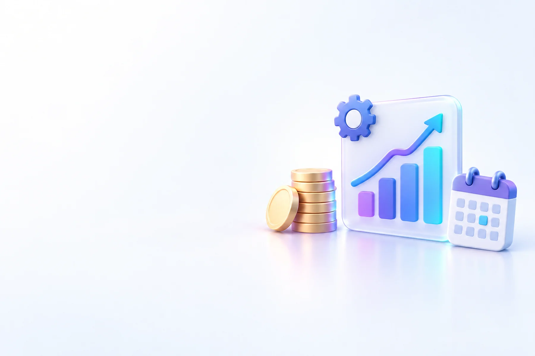 Illustration: A single glossy dashboard chart card standing upright with a small gear and an upward-trending line rising from it, flanked by a stack of coins and a small calendar tile.