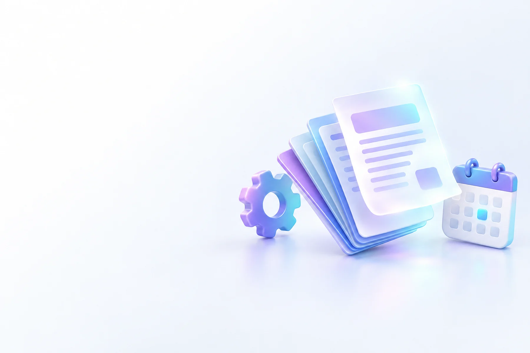 Illustration: A stack of glossy document cards fanned out with one page lifted and glowing, a small gear behind them, and a calendar card with a highlighted date.