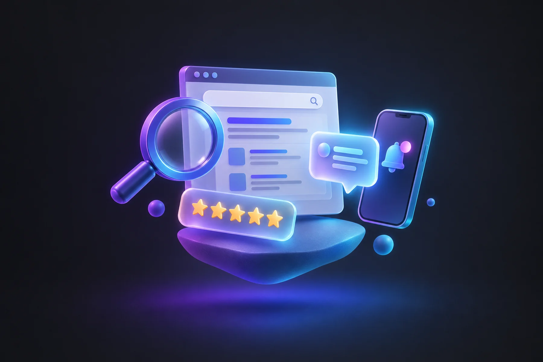 Illustration: A floating magnifying glass over a browser window of search results, a glowing star-rating badge, and a small speech-bubble card with a soft radiant glow beside a phone showing a notification badge.