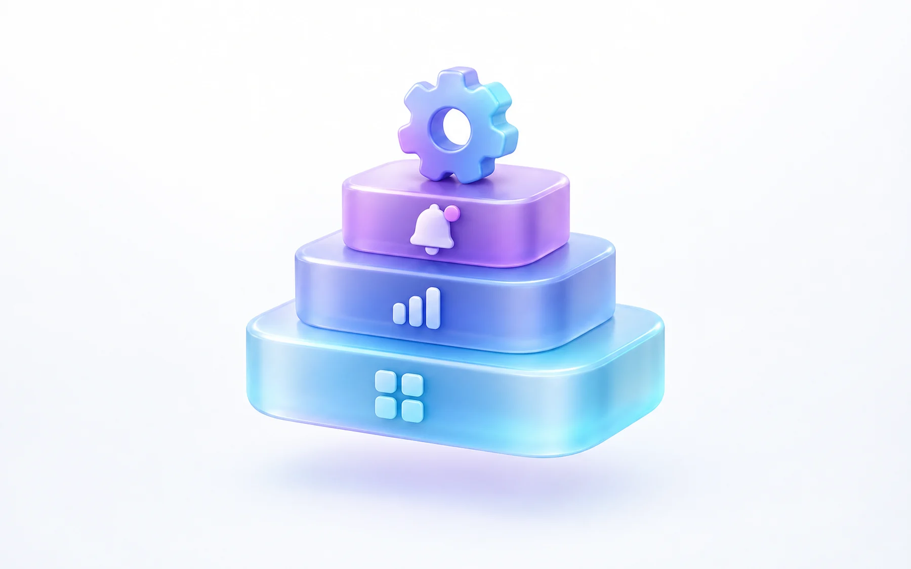 Illustration: A stacked set of glossy platform layers rising like steps, topped with a small notification badge and a gear, showing added capability at each level.