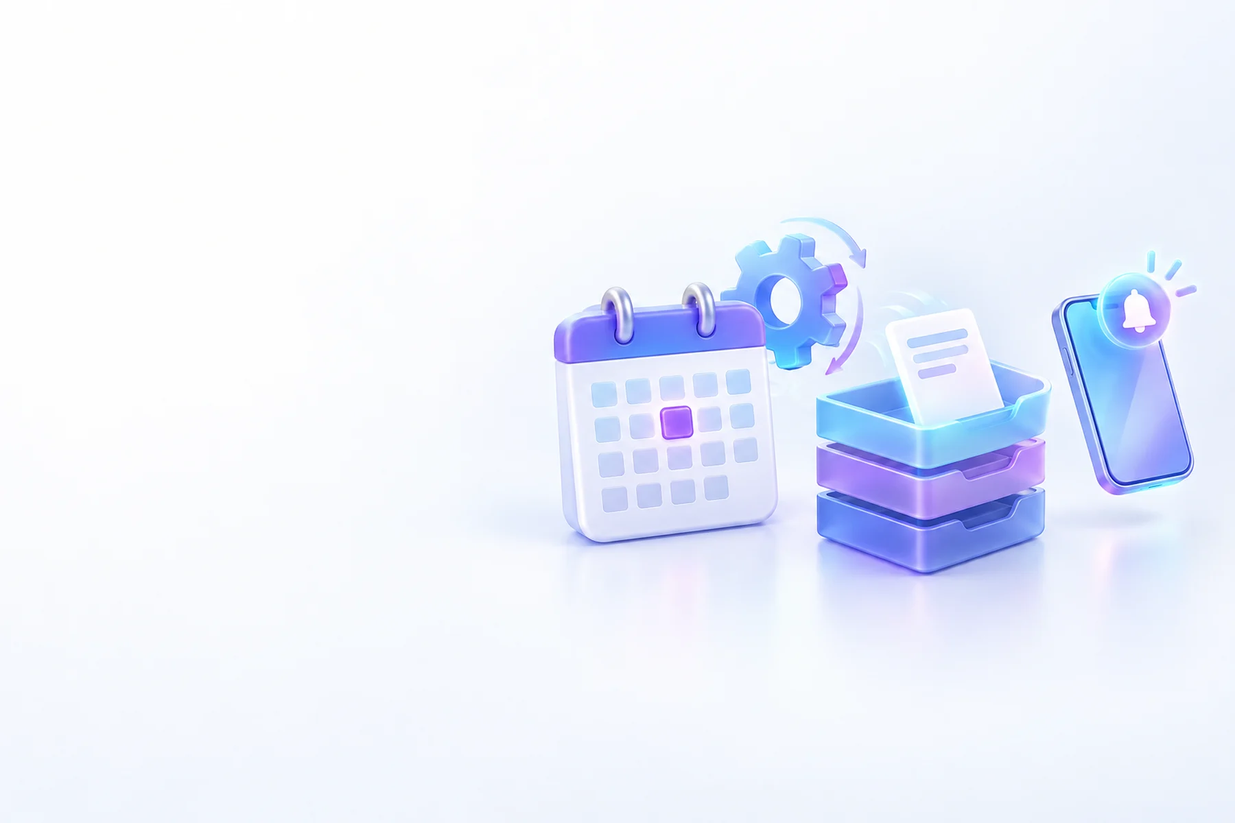 Illustration: A glossy calendar block with one date highlighted, a small gear turning behind it, a document card sliding through stacked trays, and a phone with a glowing notification badge floating above.
